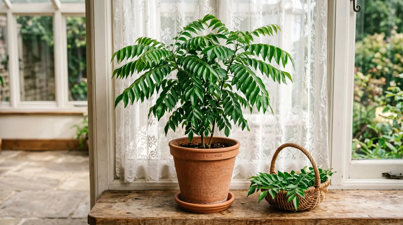 Editorial photograph of a healthy 1m tall curry leaf Murraya koenigii plant in a 30cm terracotta pot indoors on a wooden bench in a UK south-facing conservatory with lace curtains behind and a small basket of picked leaves beside it