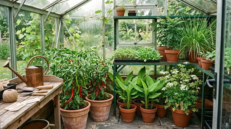 UK aluminium greenhouse interior in late June with Pusa Jwala chillies in red fruit, turmeric in leaf