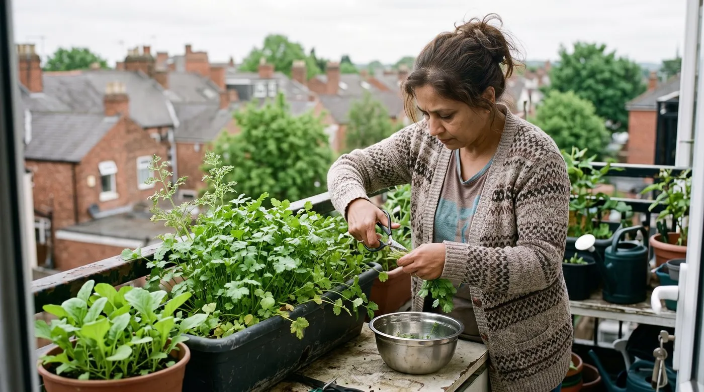 Woman cutting fresh coriander from a balcony trough beside a pot of mustard greens