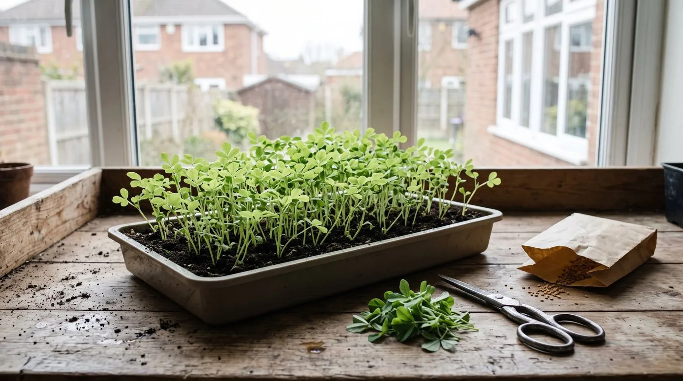 Seed tray of young fenugreek plants with clover-like leaves beside a pile of cut methi