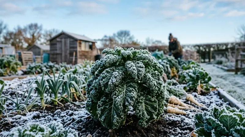 Curly dark green kale leaves with frost crystals in a winter garden