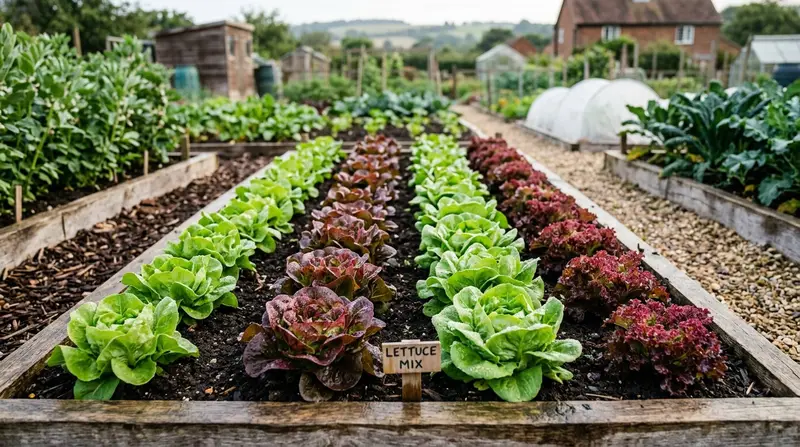 Rows of green and red lettuce varieties growing in a raised bed with morning dew