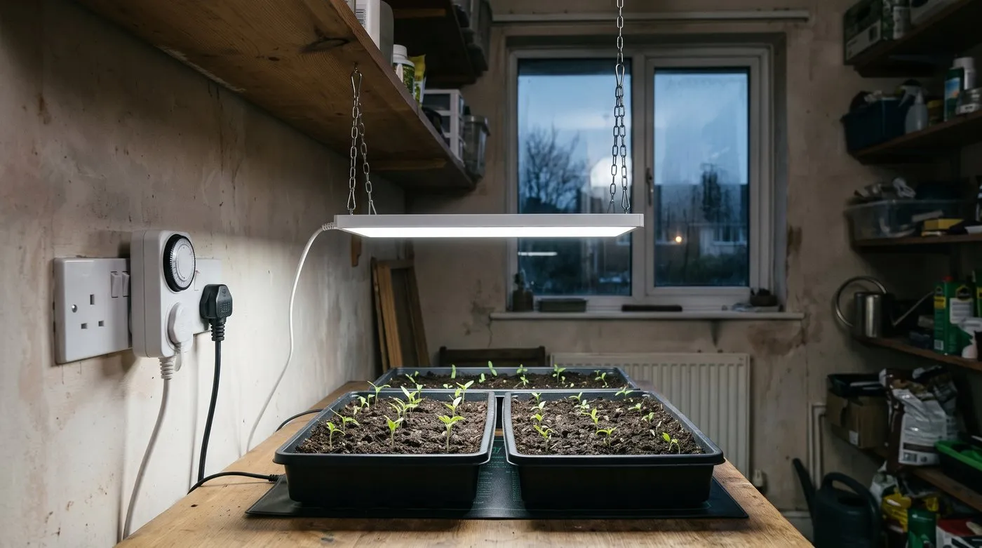 LED grow light hung on adjustable chains about 20cm above trays of tomato and chilli seedlings
