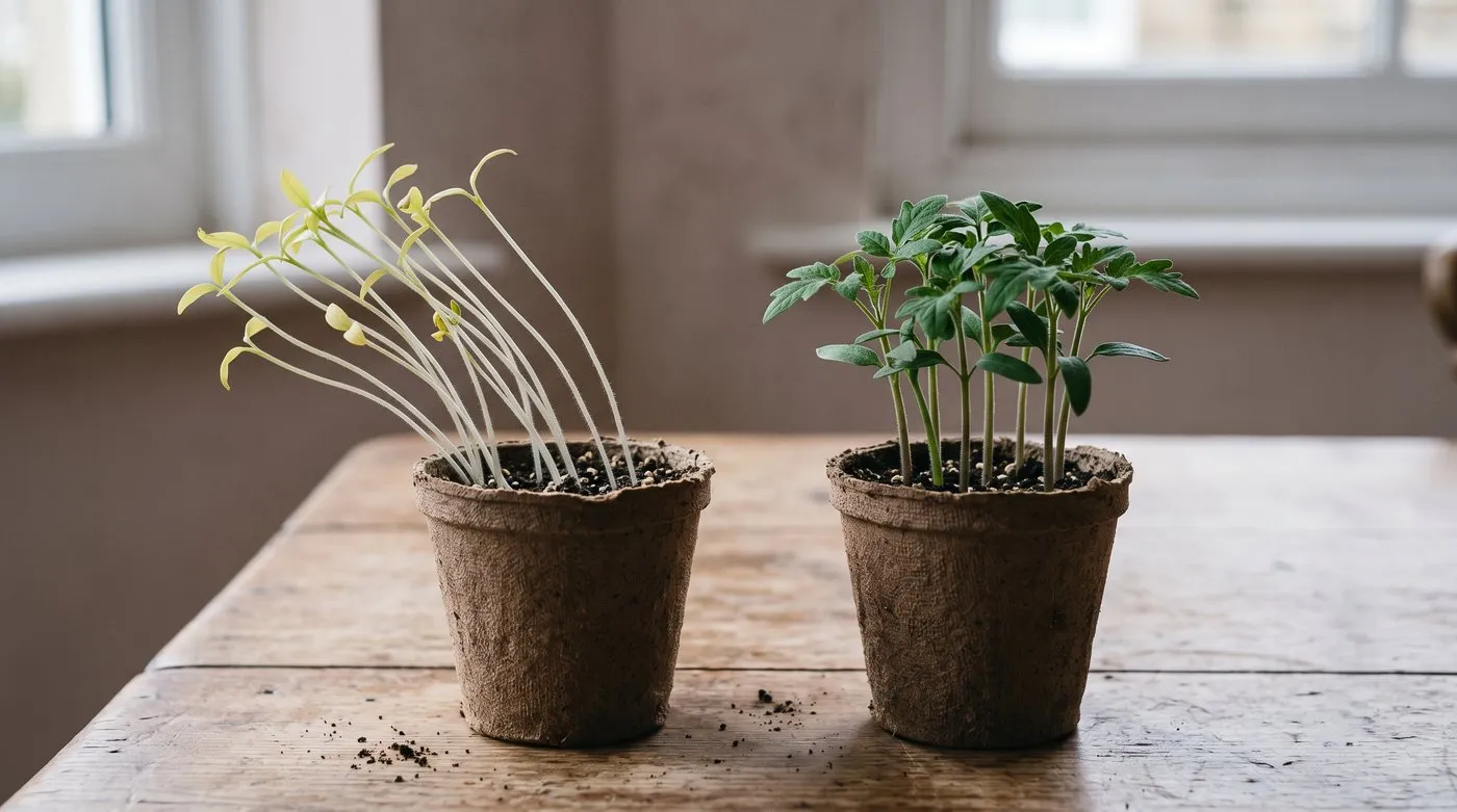 Leggy, leaning tomato seedlings from a windowsill beside short, sturdy seedlings grown under a grow light