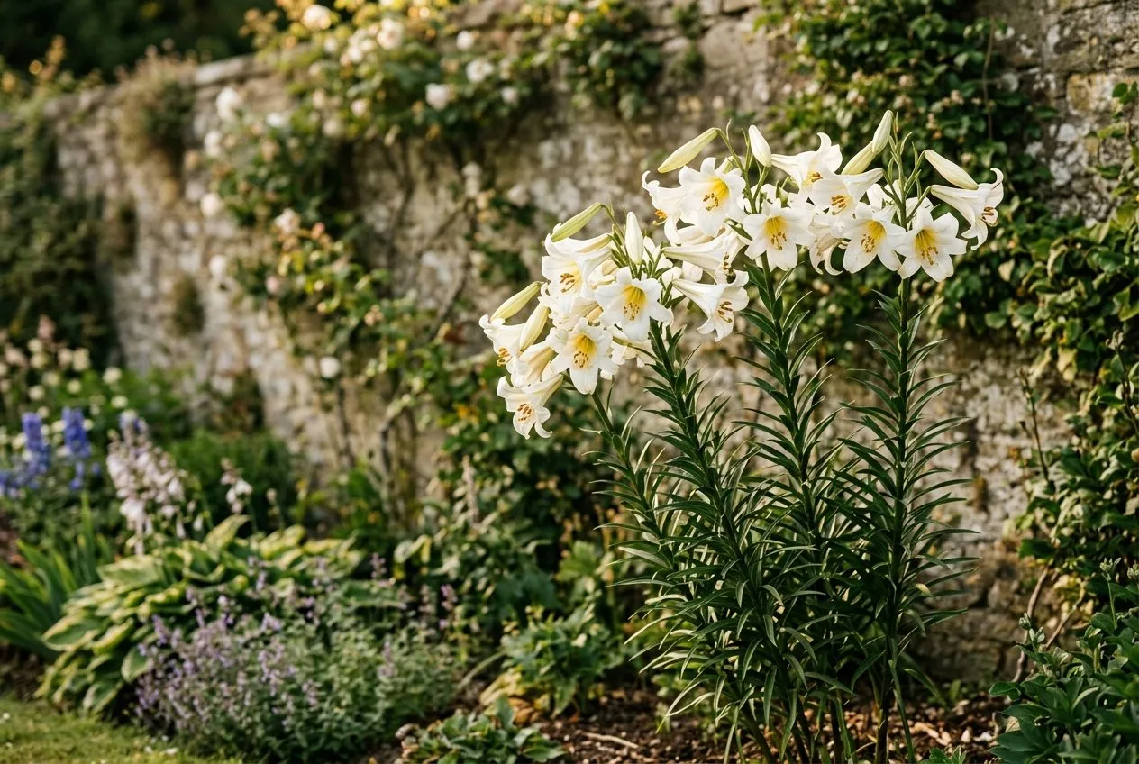 Lilium regale trumpet lilies flowering in a UK garden border showing how to grow lilies successfully