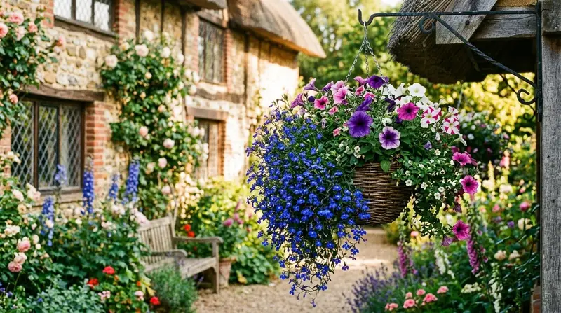 Trailing blue lobelia cascading from a UK hanging basket in a cottage garden