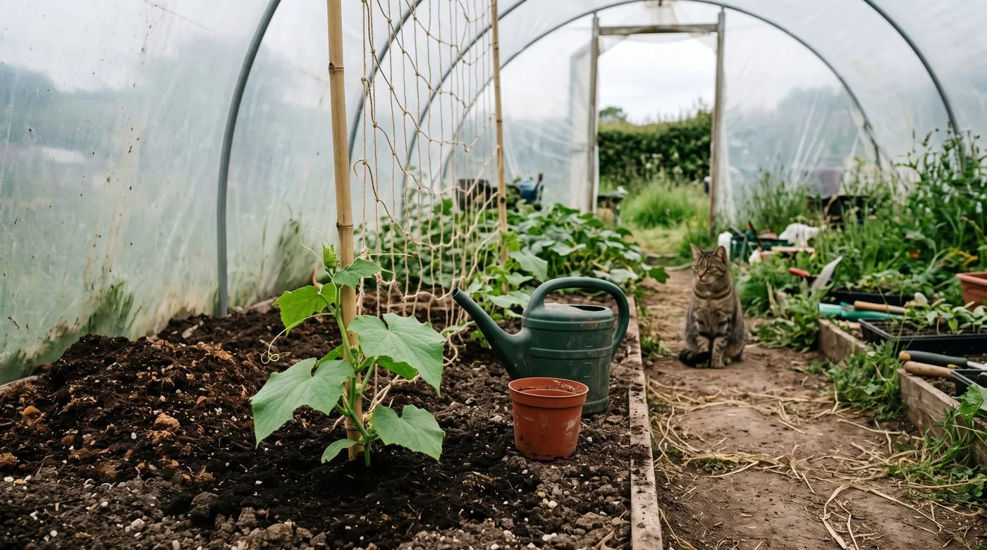 Young loofah plant newly planted in a polytunnel bed in front of a cane and netting, with a cat nearby