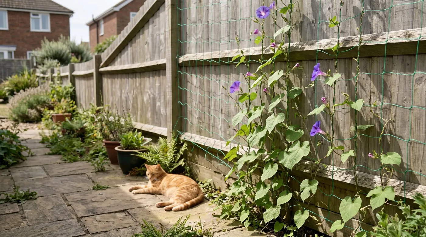 Morning glory vines twining up netting on a sunny fence, with a ginger cat lying on the paving below