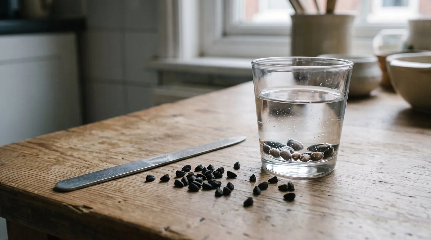 Small black morning glory seeds beside a nail file, with more seeds swelling in a glass of water
