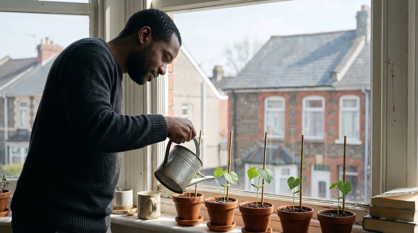 Young morning glory seedlings in small pots with canes on a sunny windowsill being watered