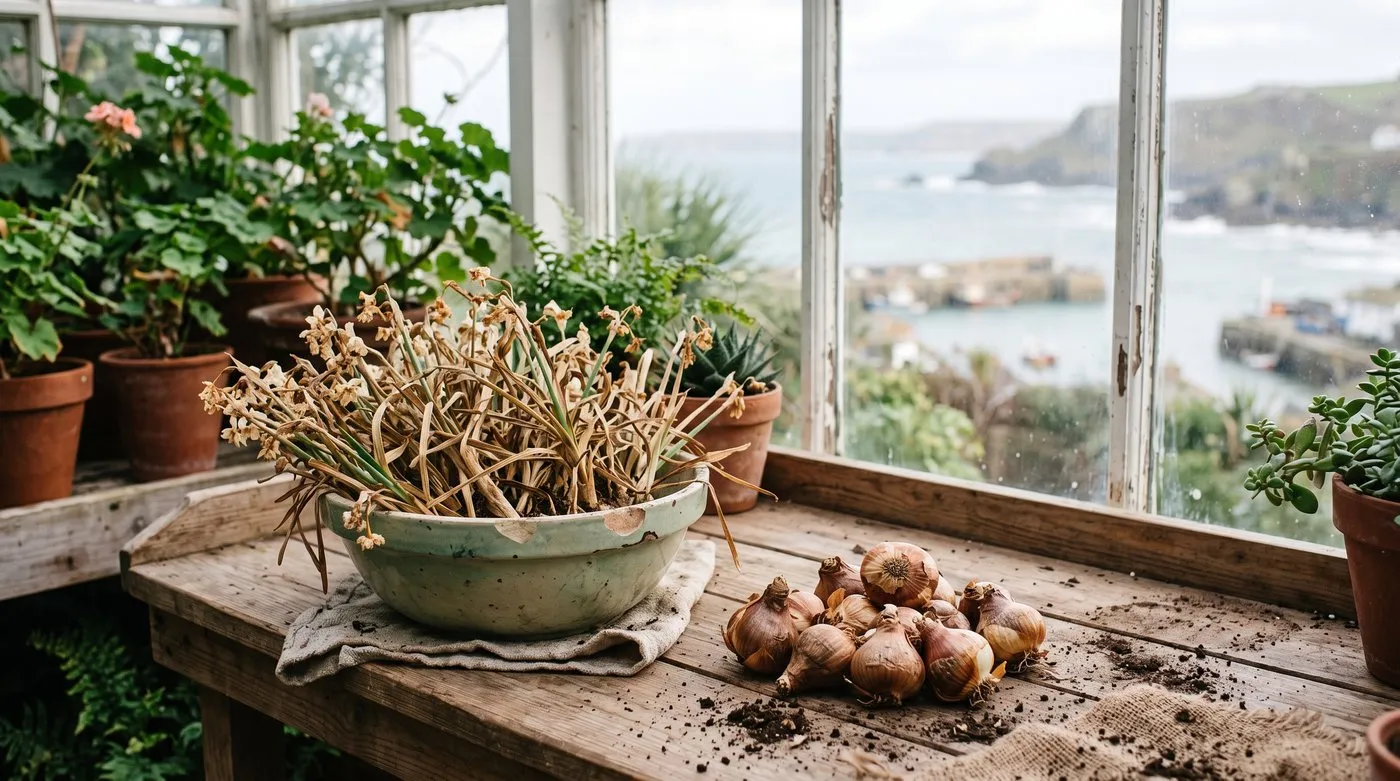 Faded paperwhite stems in a bowl next to fresh bulbs waiting to be potted in a seaside conservatory in Cornwall