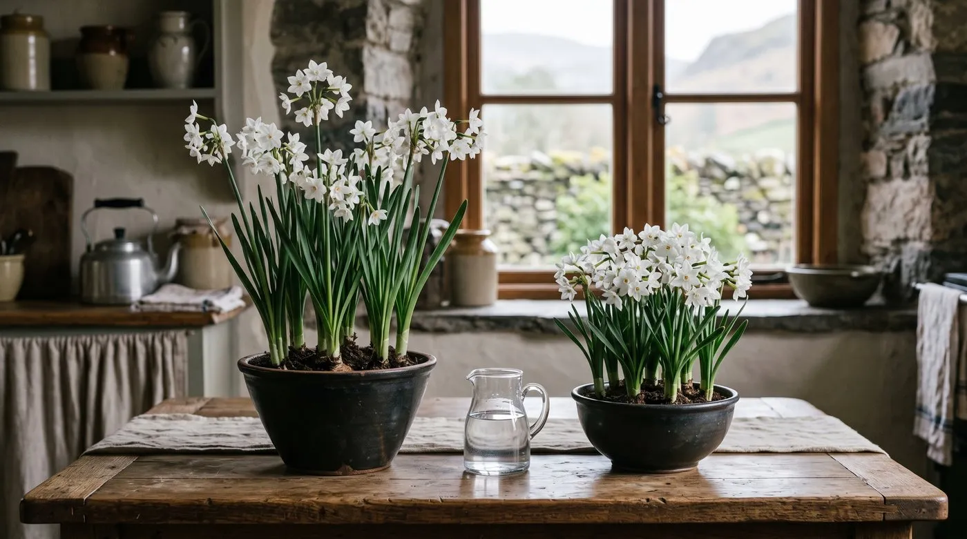 Two matching bowls of paperwhites side by side, one clearly shorter than the other, on a Lake District kitchen table