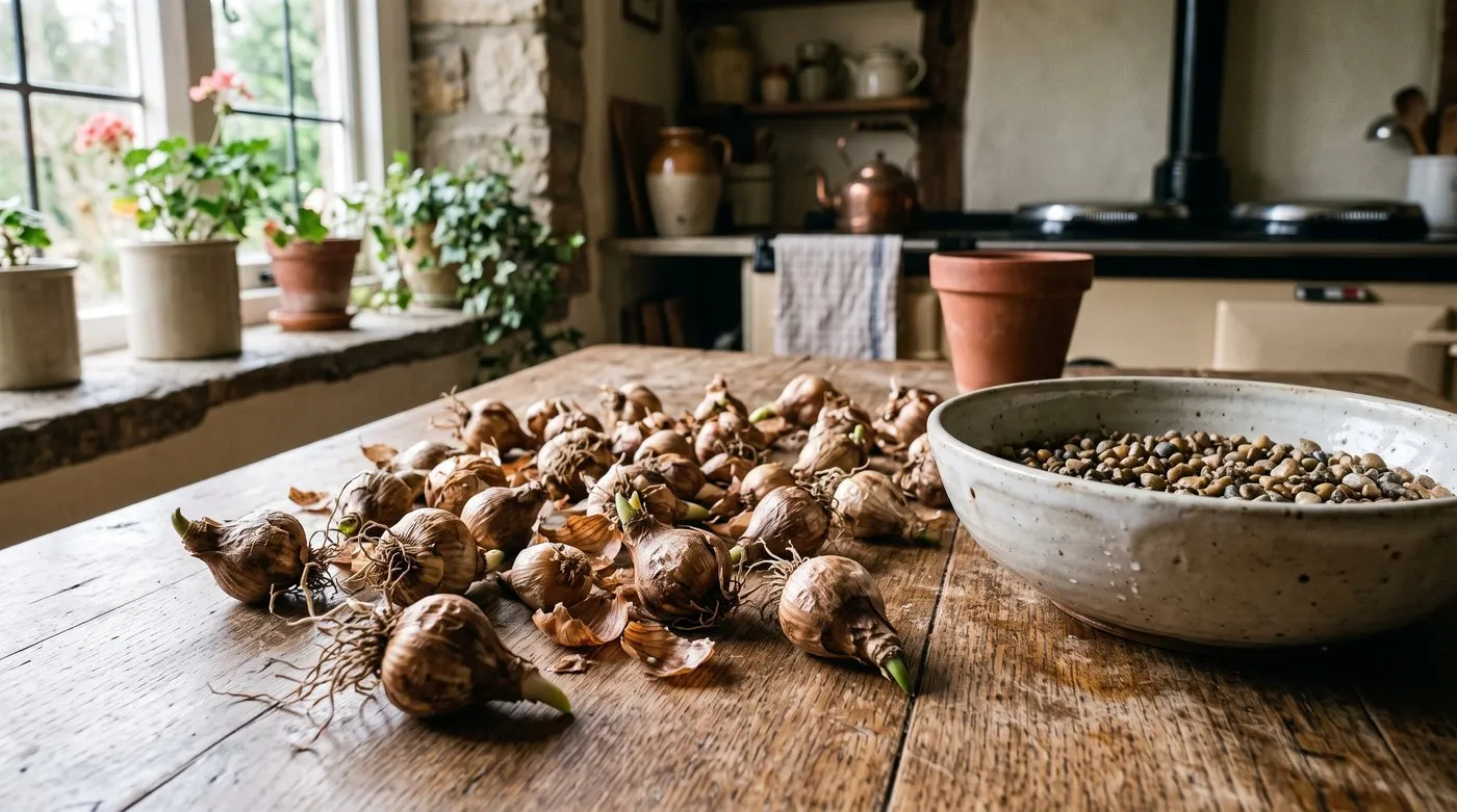 Loose paperwhite narcissi bulbs beside a bowl of gravel ready for potting on a kitchen table in a Staffordshire home