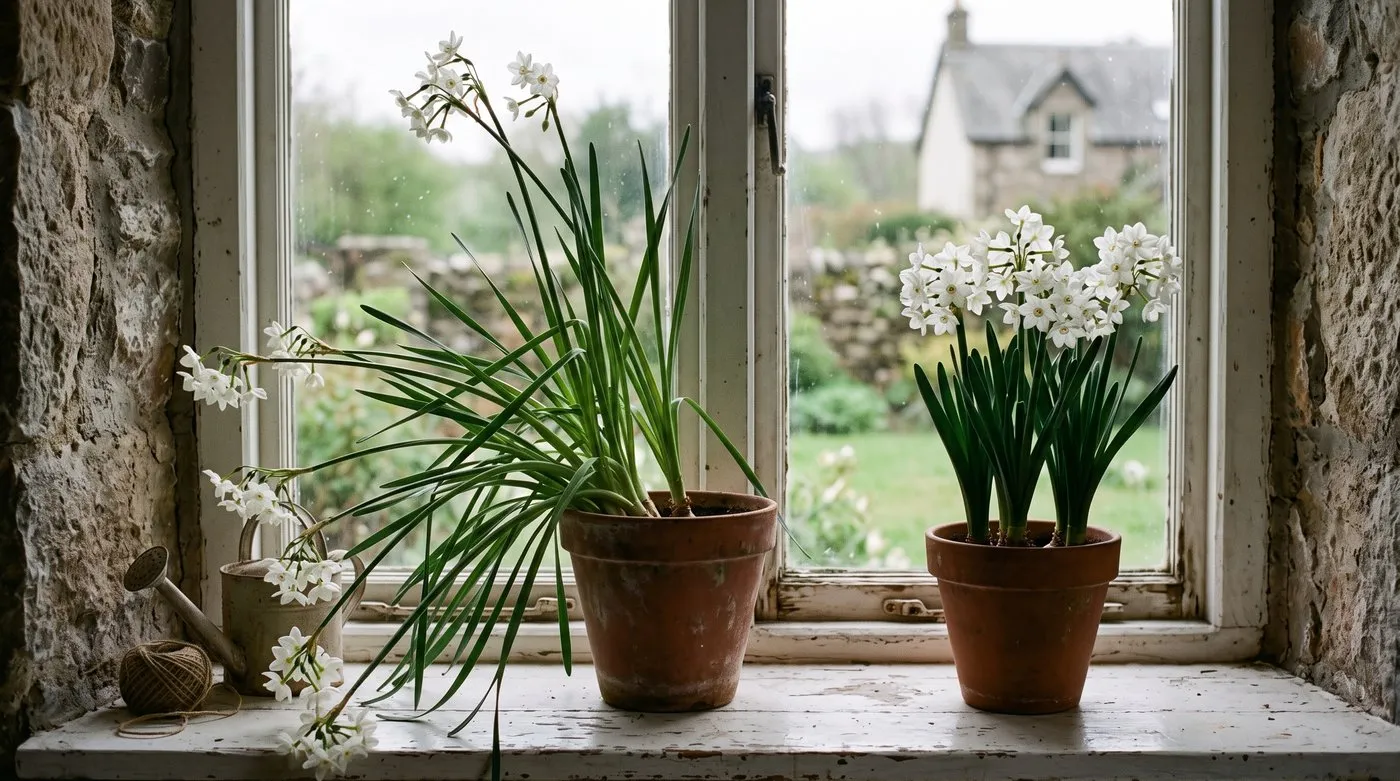 A tall floppy paperwhite plant beside a short sturdy one showing the difference light and cool growing make in a Scottish porch