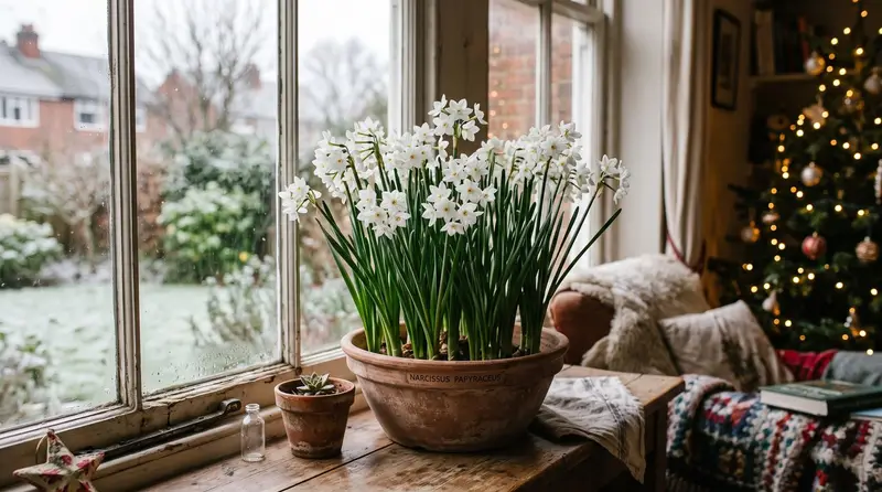 Bowl of white paperwhite narcissi flowering indoors on a bright windowsill in a UK home at Christmas