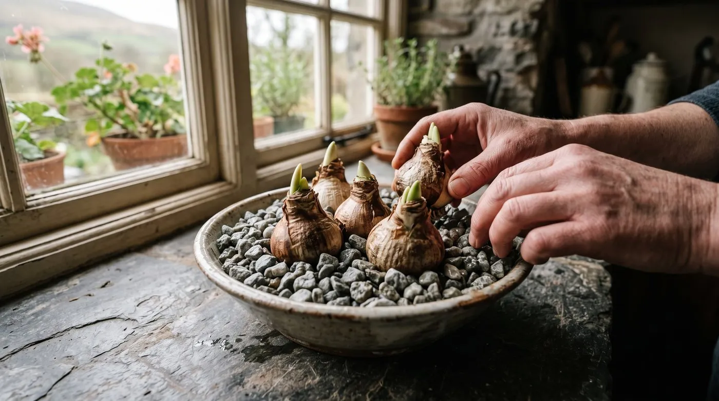 Paperwhite bulbs sitting nose-up in a shallow bowl of washed gravel on a windowsill in a Welsh cottage kitchen