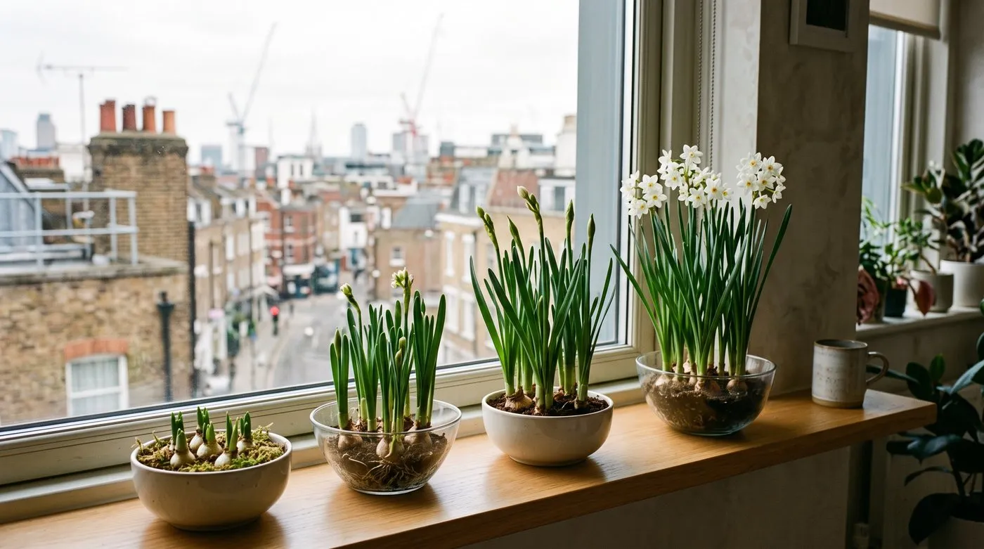Row of paperwhite bowls at different growth stages on a bright windowsill in a London flat, tracking succession for winter