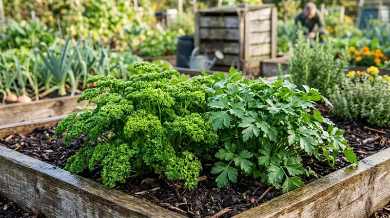 Curly and flat-leaf parsley growing side by side in a UK vegetable garden raised bed