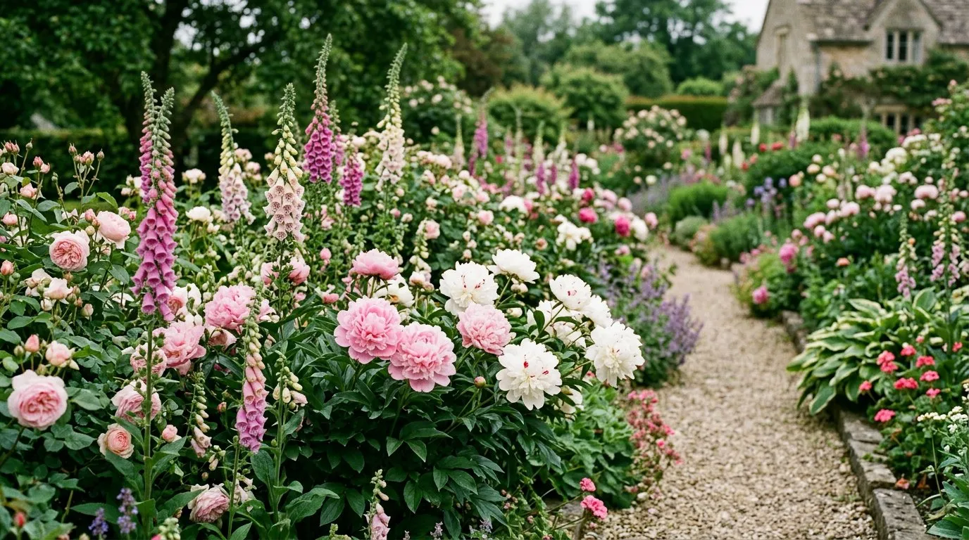 Pink and white peony blooms in a mixed herbaceous border with roses and foxgloves