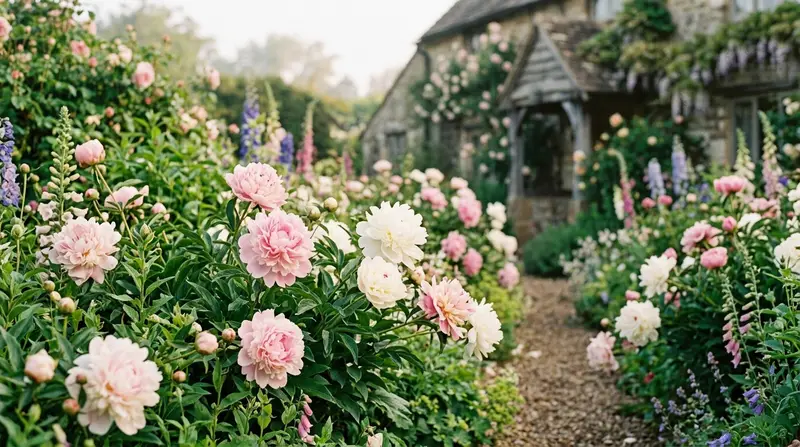 Pink and white peonies in full bloom in an English cottage garden border