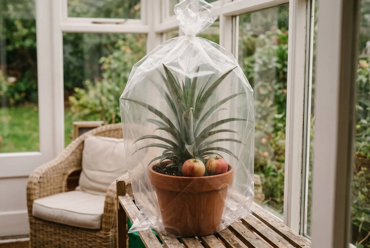 A mature potted pineapple plant sealed in a clear plastic bag with ripe apples on a wooden bench by a conservatory