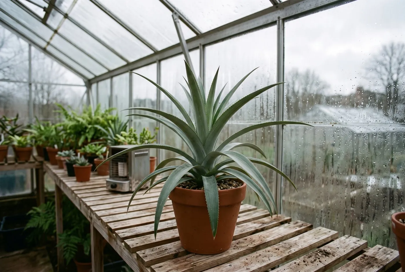 A young pineapple plant growing on staging inside a heated UK greenhouse, its arching rosette lit by soft daylight through the glass