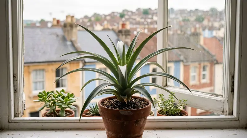 A pineapple top rooted and growing as a young Ananas comosus rosette on a bright UK windowsill