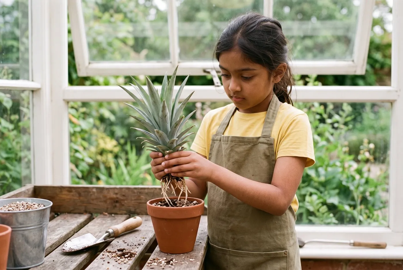 A British Indian girl potting a rooted pineapple crown into gritty peat-free compost in a terracotta pot