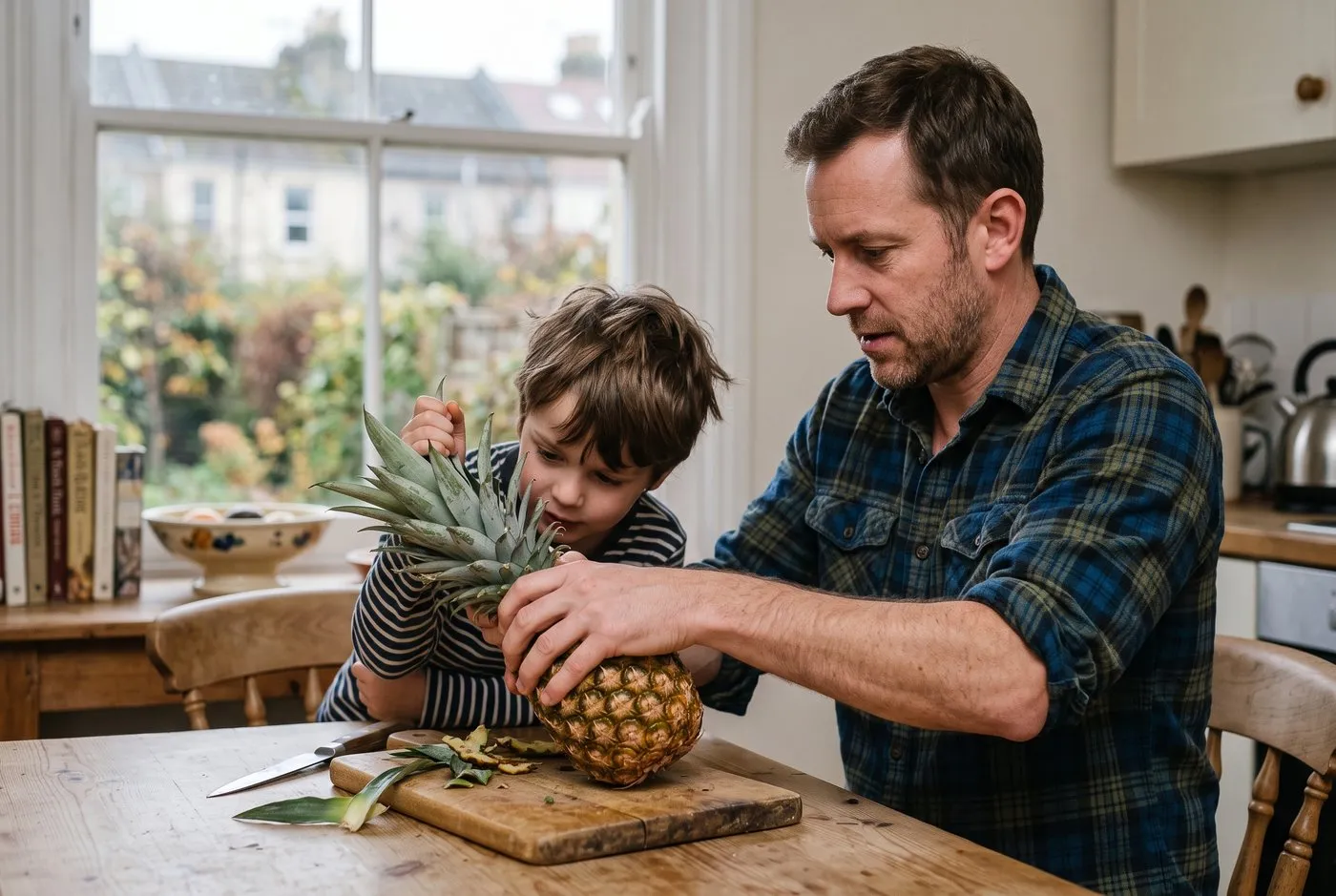 A parent and a child of about seven twisting the leafy crown off a pineapple at a kitchen table, hands visible on the fruit