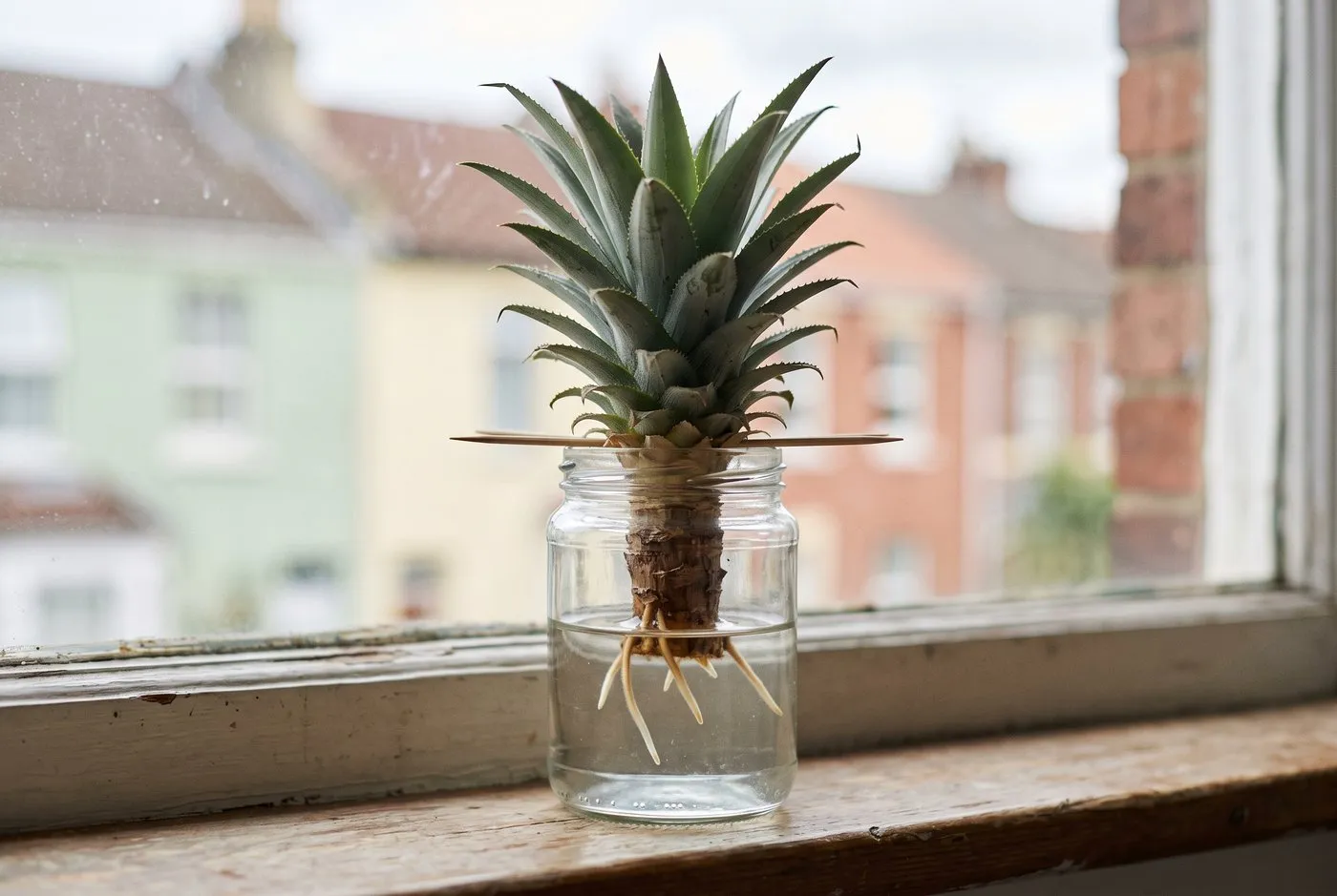 A pineapple crown suspended in a glass jar of water on a warm windowsill, showing the first short white roots at the stripped base