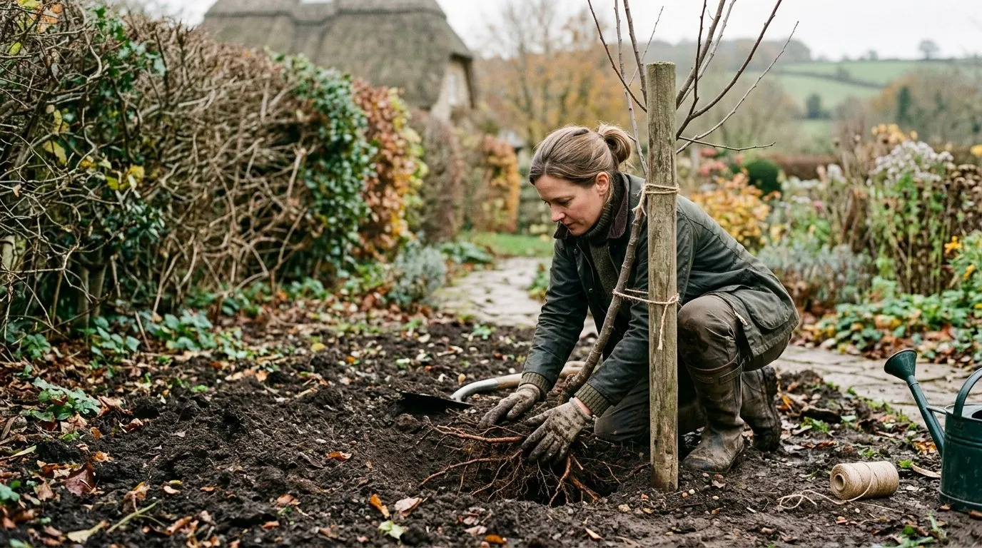 Bare-root plum tree being planted with a supporting stake