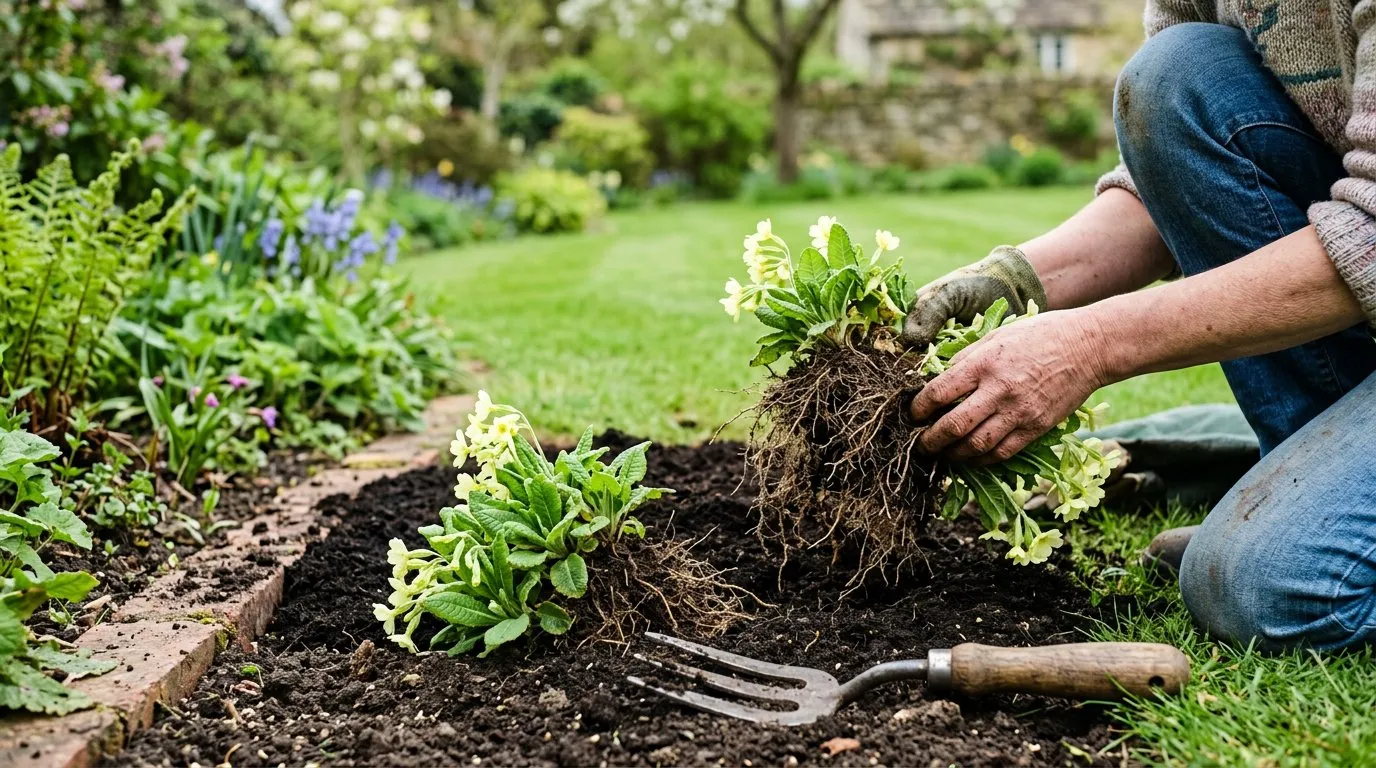 A congested primrose clump being divided into rooted sections for replanting