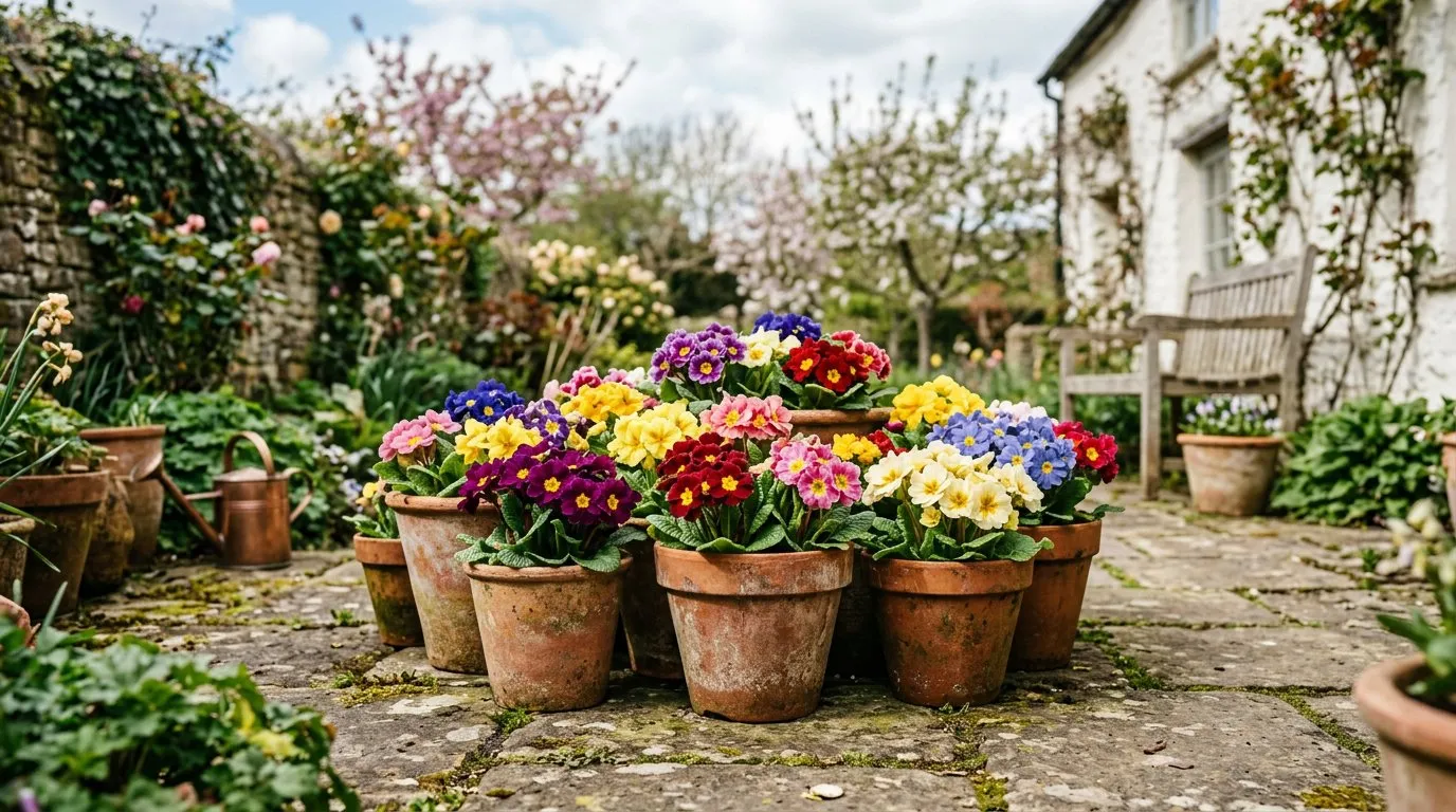 Yellow and purple primroses growing in weathered terracotta pots