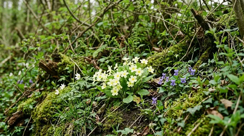 Yellow primrose flowers growing along a shaded woodland bank in a UK spring garden