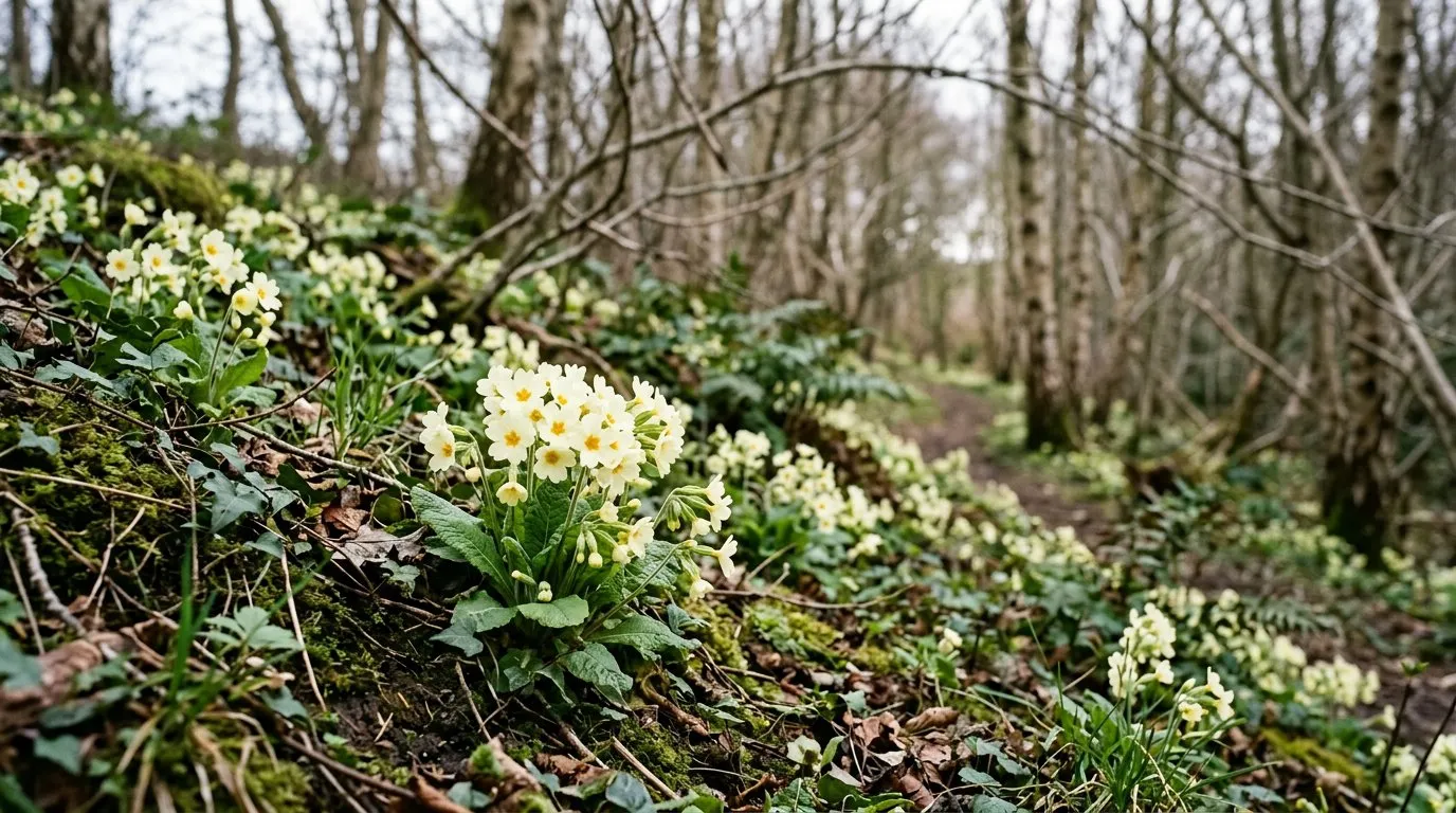 Yellow primroses flowering beneath leafless shrubs on a woodland-style bank