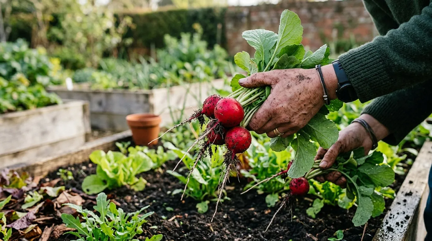 Bright red radishes freshly pulled from soil in a raised bed