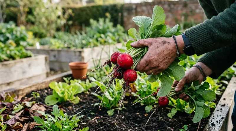 Bright red radishes freshly pulled from soil in a raised bed