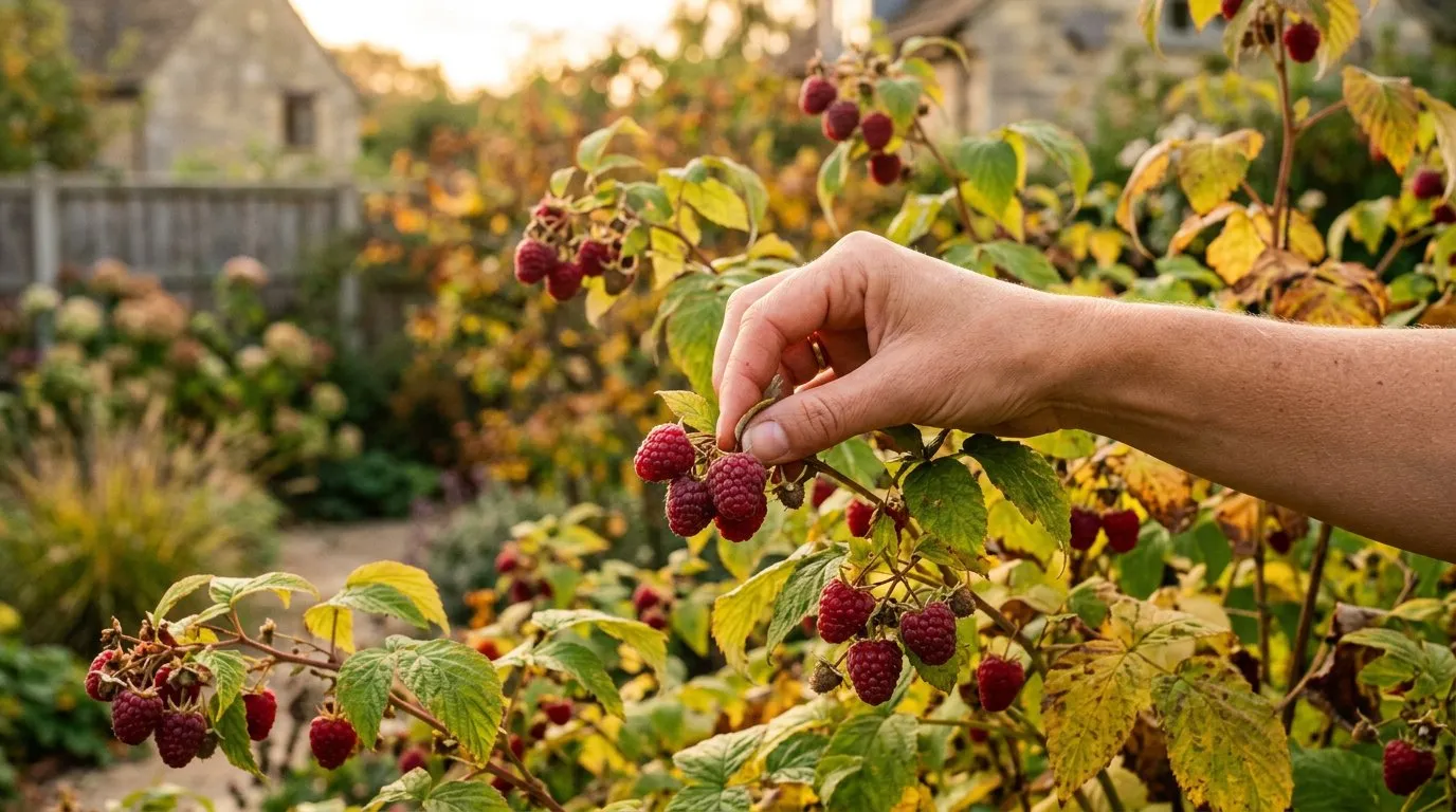 Picking ripe autumn raspberries from primocane plants