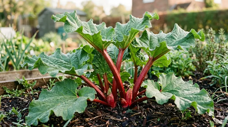 Thick red rhubarb stalks with large green leaves growing in a garden