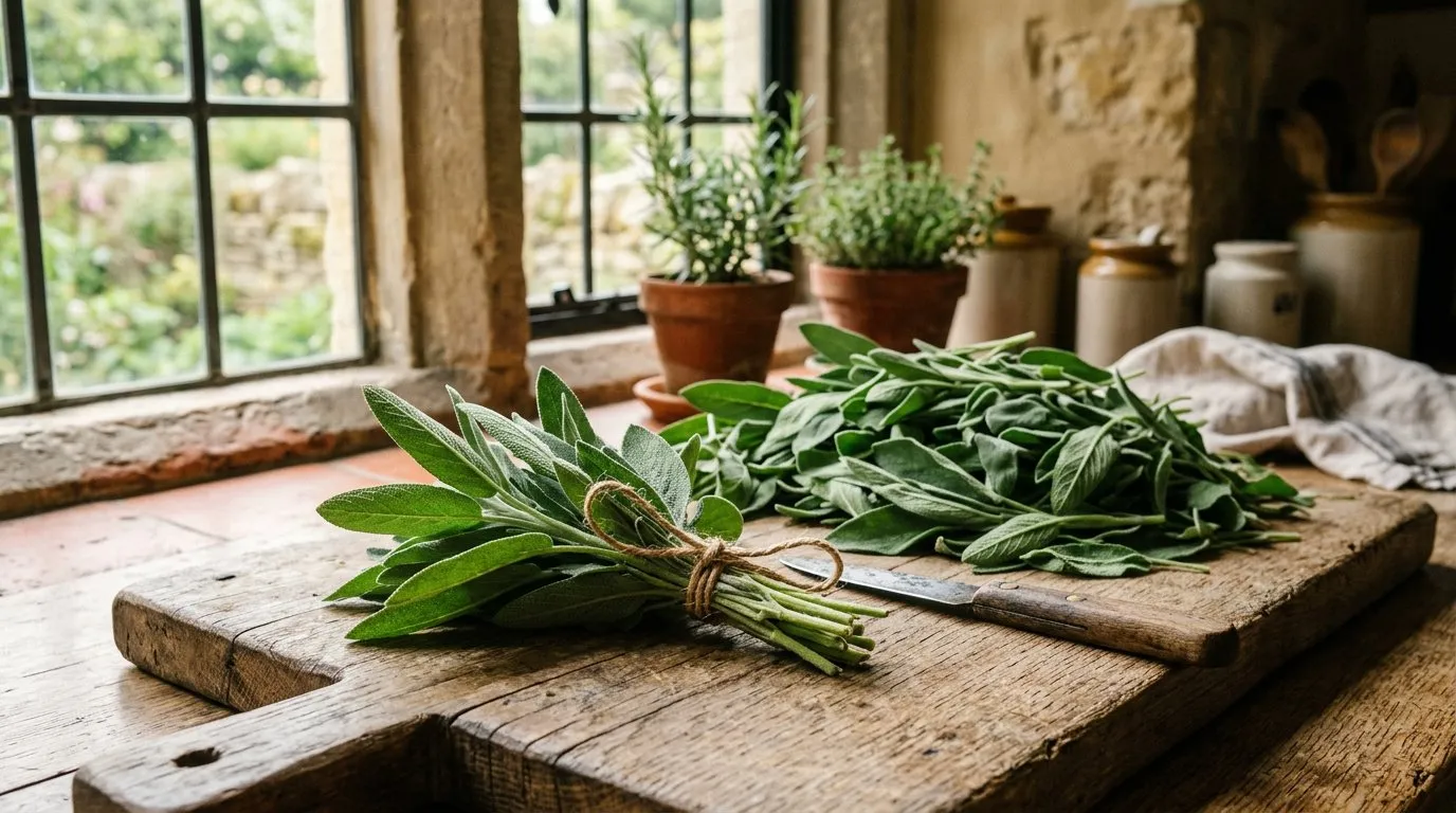 Fresh sage shoots being harvested for a kitchen in summer