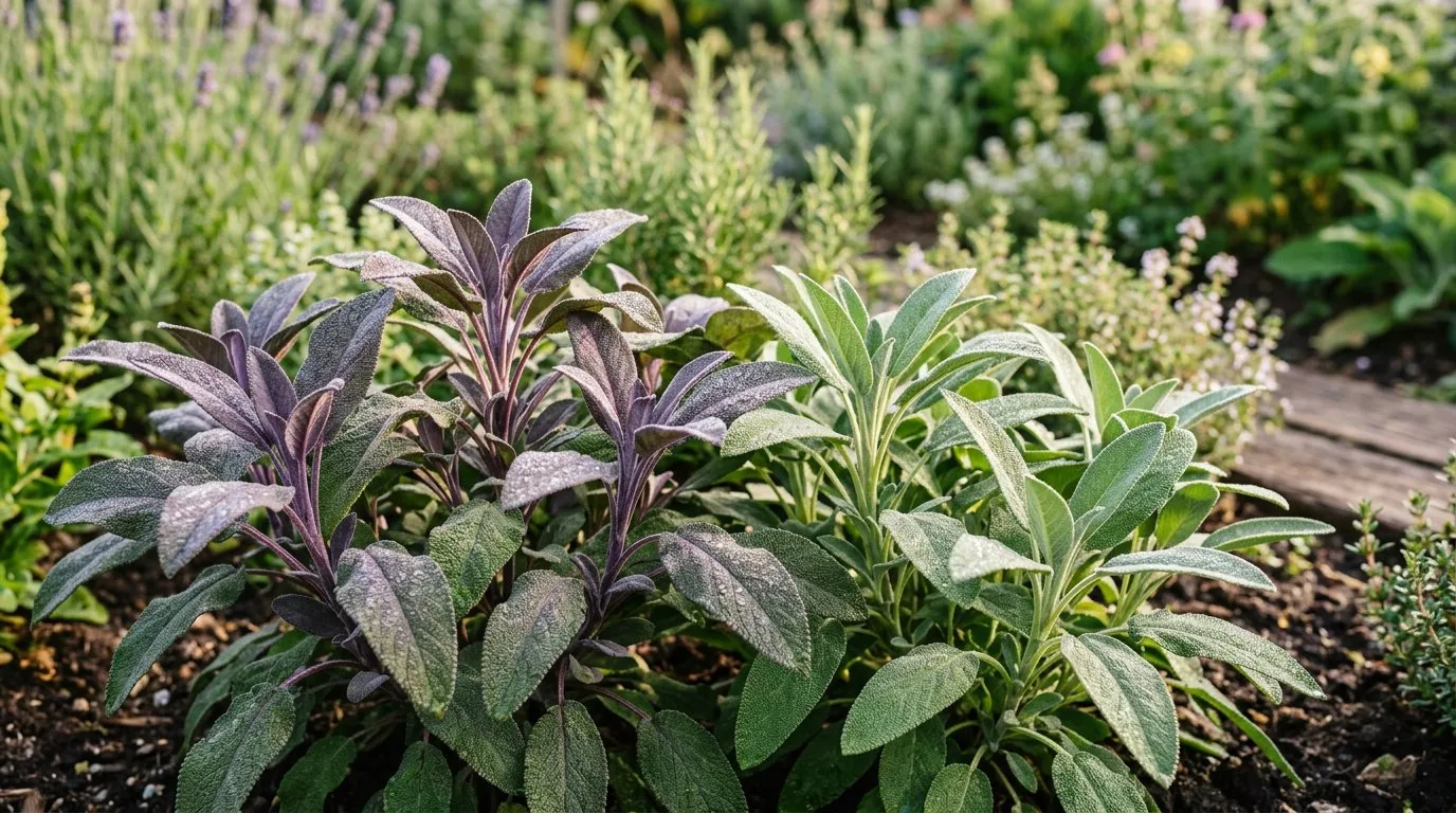 Common green and purple sage varieties growing together in a UK herb bed