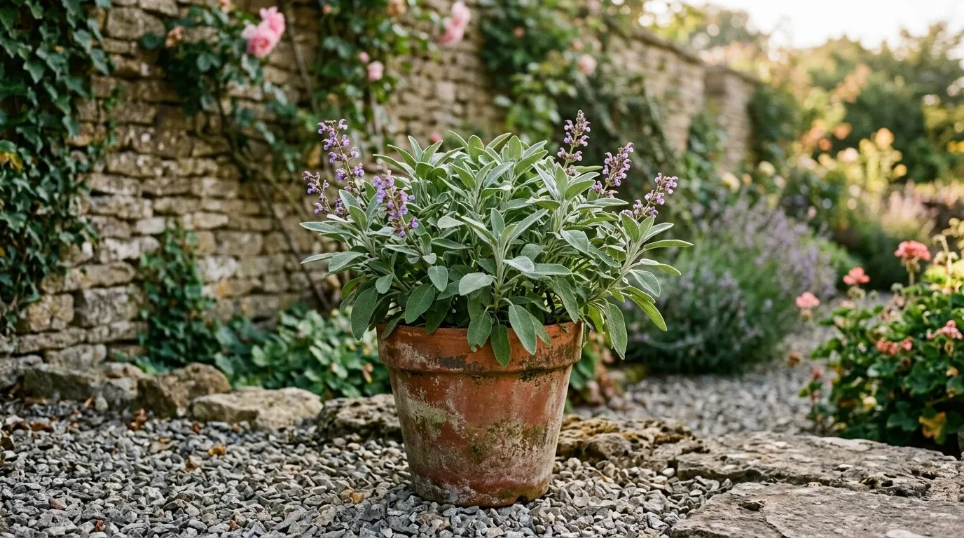 Sage growing in a terracotta pot on a sunny UK patio