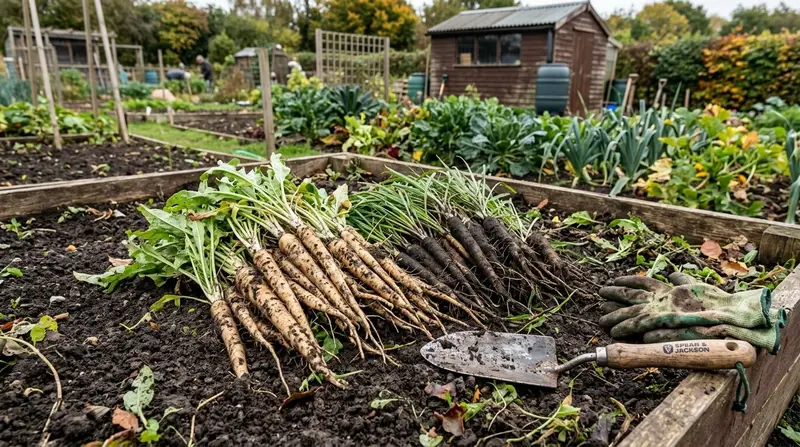 Salsify and scorzonera root vegetables freshly harvested from soil in a UK allotment