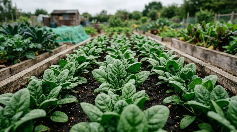 Dark green spinach leaves growing in rows in a UK raised bed