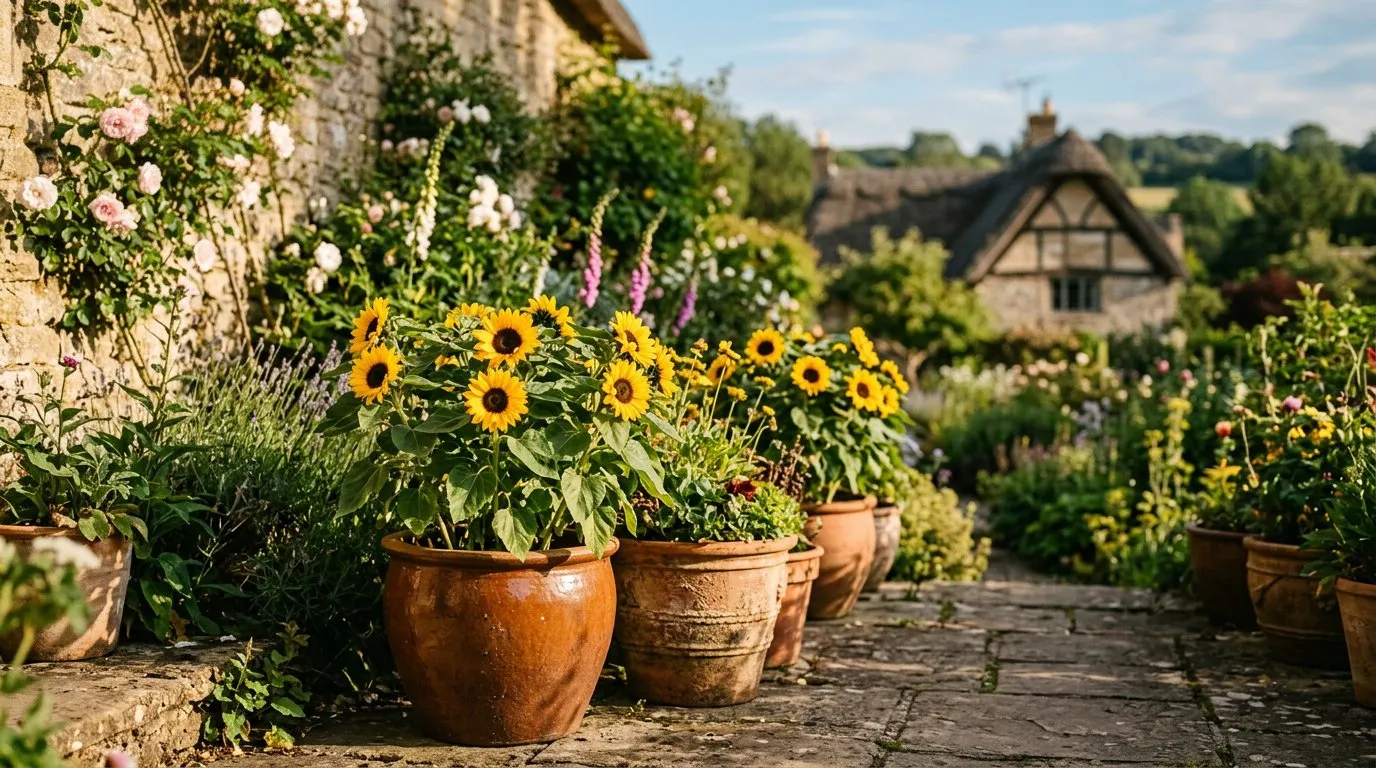 Compact yellow sunflowers flowering in sturdy patio containers