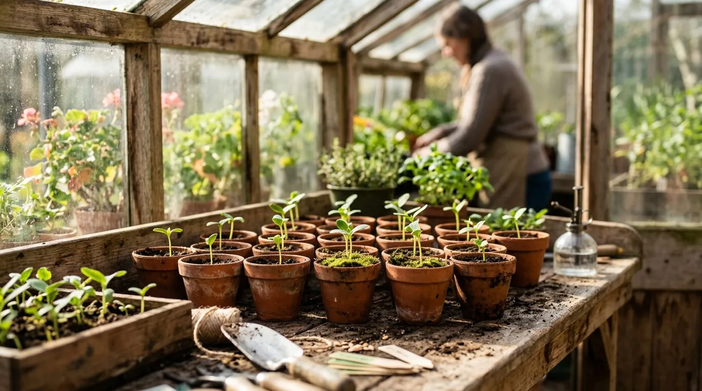 Young sunflower plants growing strongly in pots before planting out