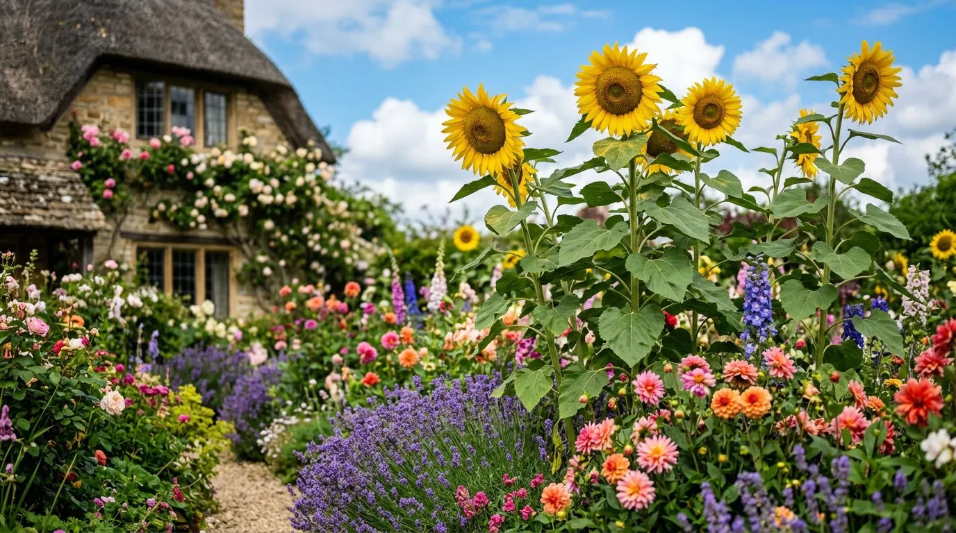 Tall sunflowers adding height to the back of a mixed cottage-garden border