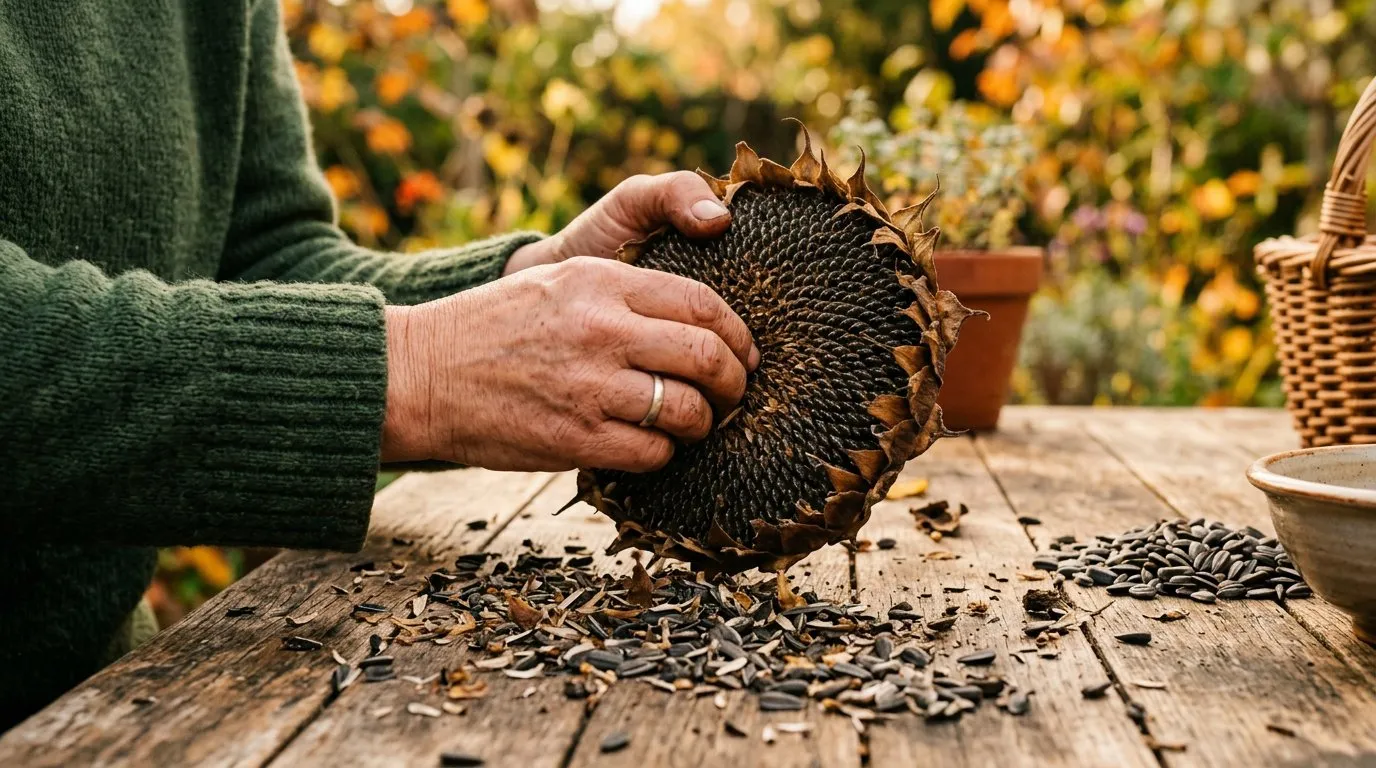 Sunflower seeds rubbed out of a dried seed head