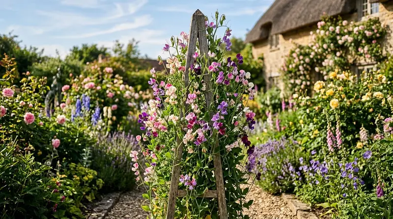 Colourful sweet peas climbing an obelisk support in a sunny UK garden