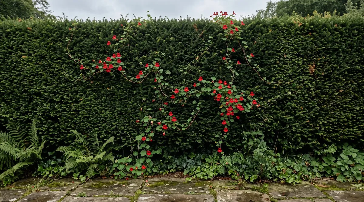 Scarlet Tropaeolum speciosum flame flower scrambling through a dark yew hedge in a Scottish garden